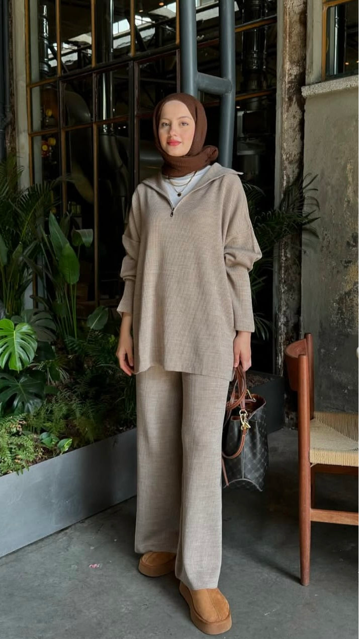 Beige Knit Lounge Set - Zip Hoodie & Wide-Leg Pants