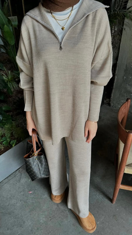 Beige Knit Lounge Set - Zip Hoodie & Wide-Leg Pants