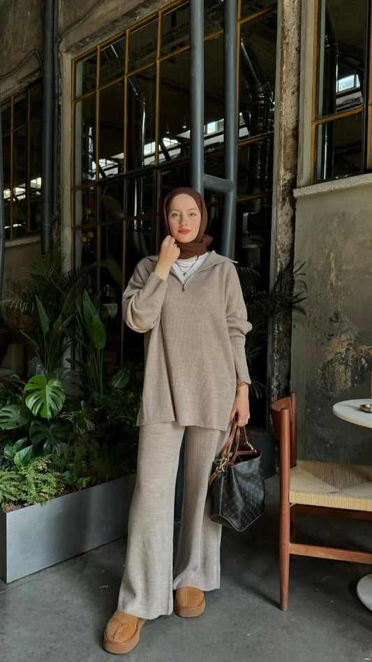Beige Knit Lounge Set - Zip Hoodie & Wide-Leg Pants